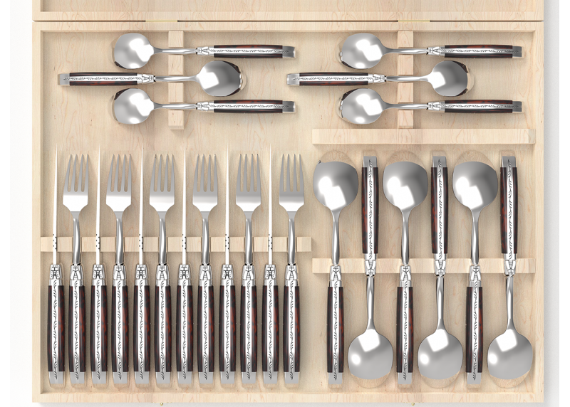 Service Laguiole de 24 pièces avec un manche en bois d'amourette et mitres en acier inoxydable image 2