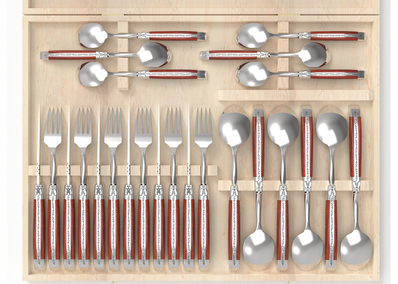 Service Laguiole de 24 pièces avec un manche en bois de corail et mitres en acier inoxydable image 2