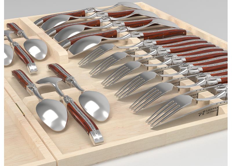 Service Laguiole de 24 pièces avec un manche en bois de cocobolo et mitres en acier inoxydable image 5