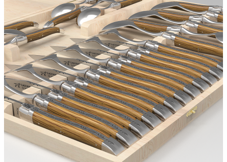 Service Laguiole de 24 pièces avec un manche en bois de chêne et mitres en acier inoxydable image 1