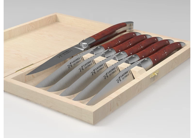 Set of 6 laguiole steak knives with amboyna root wood handle and stainless steel bolsters image 2