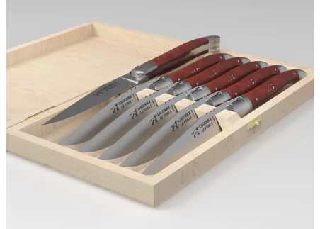 Set of 6 laguiole steak knives with amboyna root wood handle and stainless steel bolsters image 2