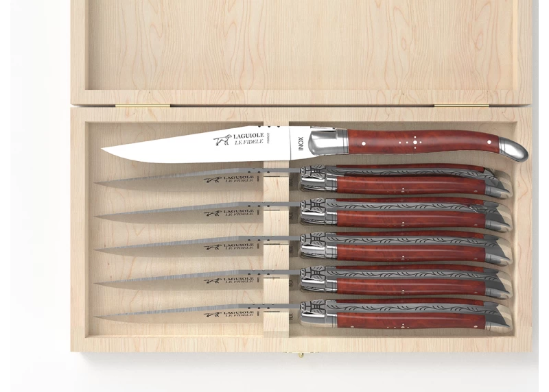 Set of 6 laguiole steak knives with amboyna root wood handle and stainless steel bolsters image 3