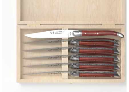 Set of 6 laguiole steak knives with amboyna root wood handle and stainless steel bolsters image 3