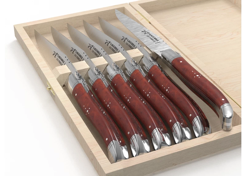 Set of 6 laguiole steak knives with amboyna root wood handle and stainless steel bolsters image 4