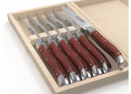 Set of 6 laguiole steak knives with amboyna root wood handle and stainless steel bolsters image 4