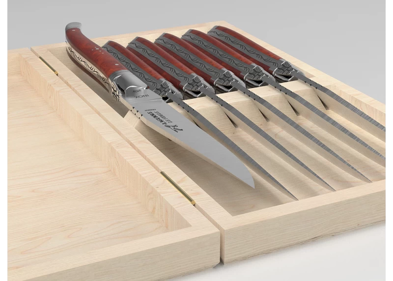 Set of 6 laguiole steak knives with amboyna root wood handle and stainless steel bolsters image 6