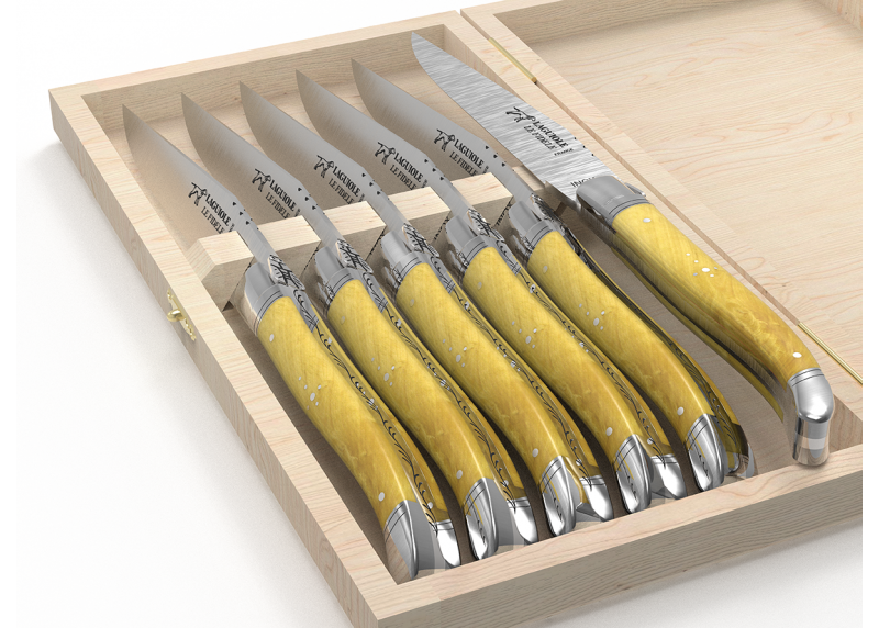 Set of 6 laguiole steak knives with boxwood handle and stainless steel bolsters image 4