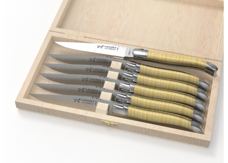 Set of 6 laguiole steak knives with curly maple wood handle and stainless steel bolsters image 1