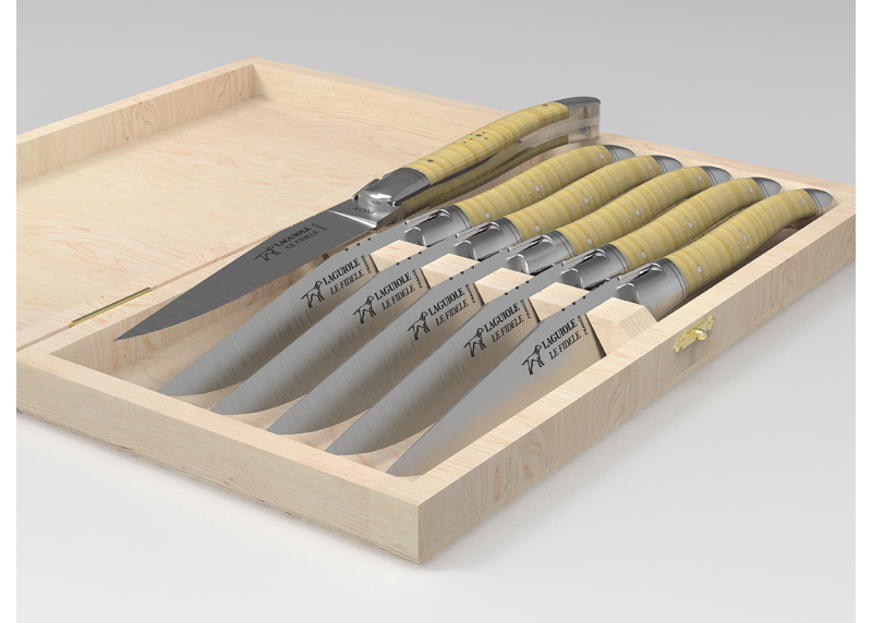 Set of 6 laguiole steak knives with curly maple wood handle and stainless steel bolsters image 2