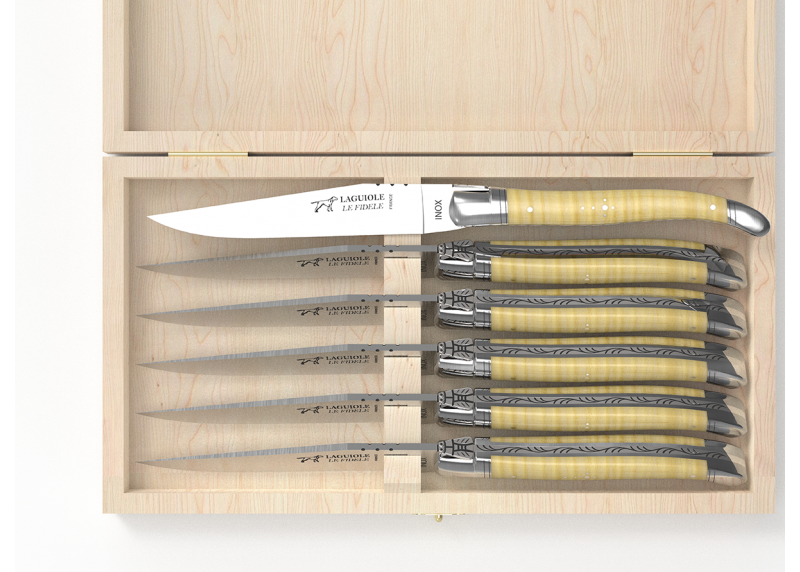 Set of 6 laguiole steak knives with curly maple wood handle and stainless steel bolsters image 3