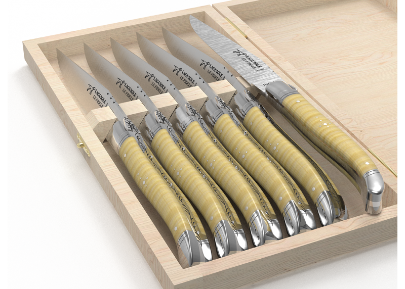 Set of 6 laguiole steak knives with curly maple wood handle and stainless steel bolsters image 4