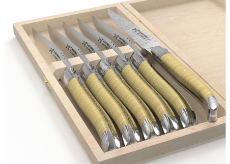 Set of 6 laguiole steak knives with curly maple wood handle and stainless steel bolsters image 4