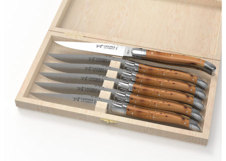 Set of 6 laguiole steak knives with juniper wood handle and stainless steel bolsters image 1