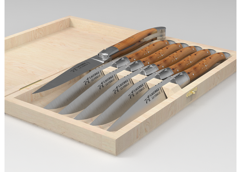 Set of 6 laguiole steak knives with juniper wood handle and stainless steel bolsters image 2