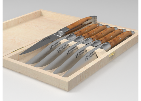 Set of 6 laguiole steak knives with juniper wood handle and stainless steel bolsters image 2