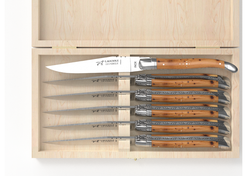 Set of 6 laguiole steak knives with juniper wood handle and stainless steel bolsters image 3