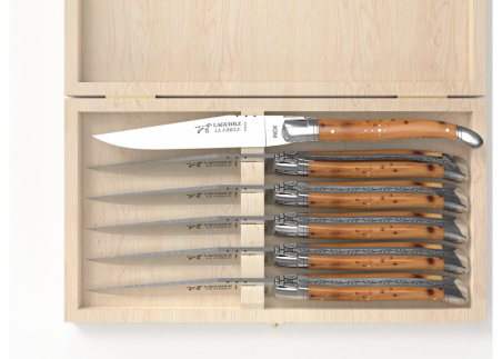 Set of 6 laguiole steak knives with juniper wood handle and stainless steel bolsters image 3