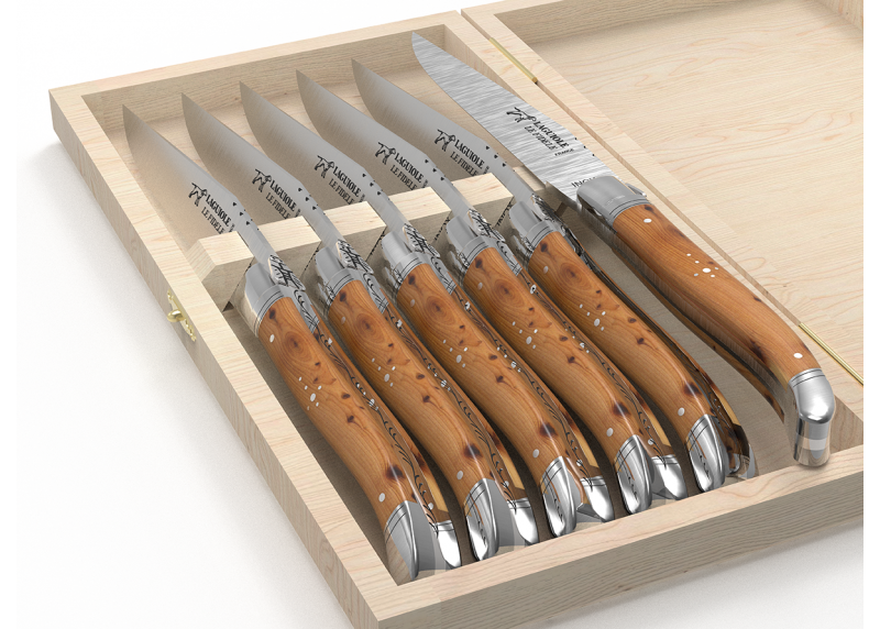 Set of 6 laguiole steak knives with juniper wood handle and stainless steel bolsters image 4