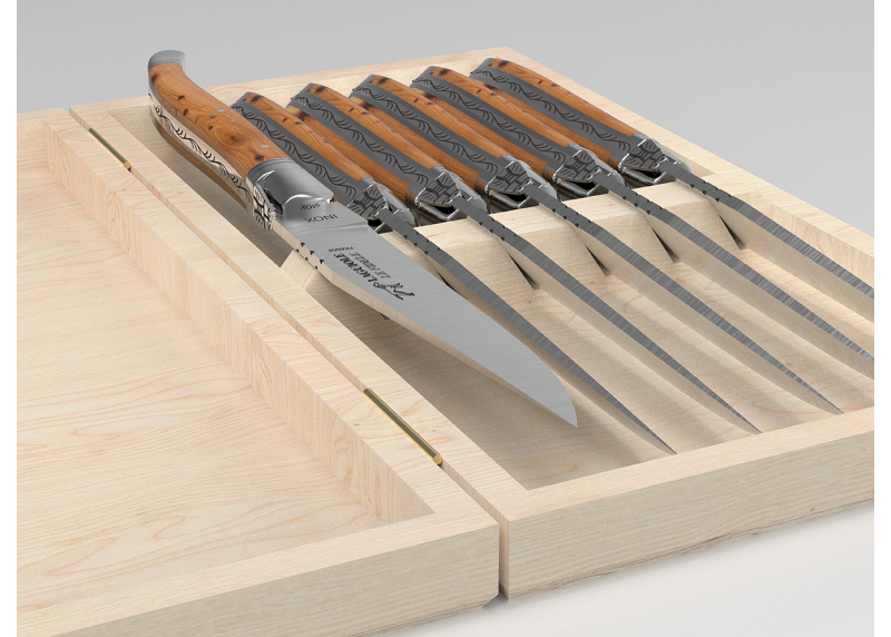 Set of 6 laguiole steak knives with juniper wood handle and stainless steel bolsters image 6