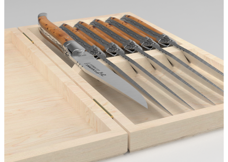 Set of 6 laguiole steak knives with juniper wood handle and stainless steel bolsters image 6