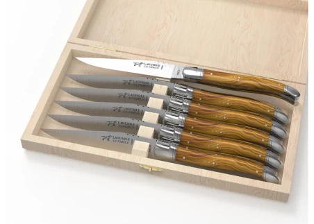 Set of 6 laguiole steak knives with olive wood handle and stainless steel bolsters image 1