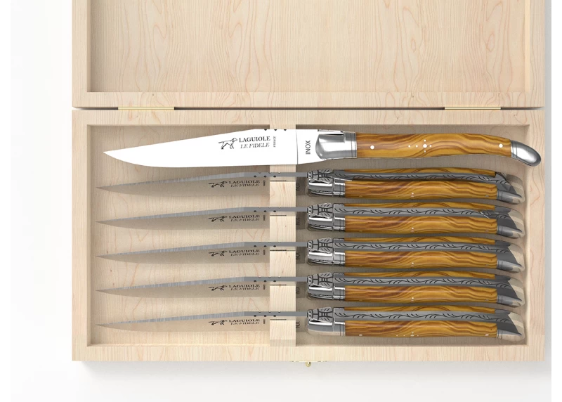 Set of 6 laguiole steak knives with olive wood handle and stainless steel bolsters image 3