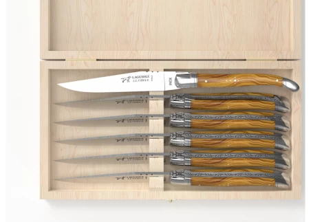 Set of 6 laguiole steak knives with olive wood handle and stainless steel bolsters image 3