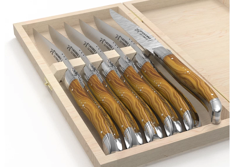 Set of 6 laguiole steak knives with olive wood handle and stainless steel bolsters image 4