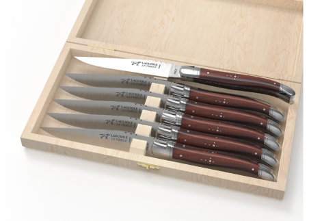 Set of 6 laguiole steak knives with violet wood handle and stainless steel bolsters image 1