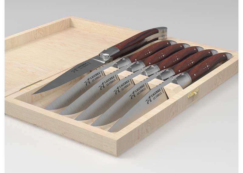 Set of 6 laguiole steak knives with violet wood handle and stainless steel bolsters image 2