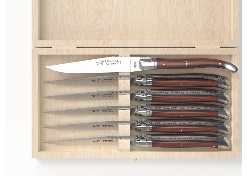 Set of 6 laguiole steak knives with violet wood handle and stainless steel bolsters image 3