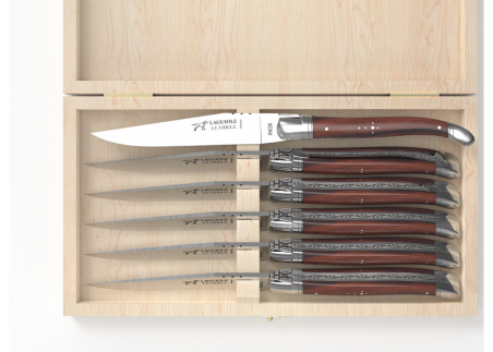 Set of 6 laguiole steak knives with violet wood handle and stainless steel bolsters image 3