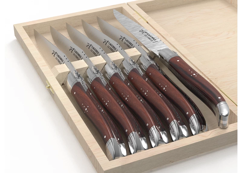 Set of 6 laguiole steak knives with violet wood handle and stainless steel bolsters image 4