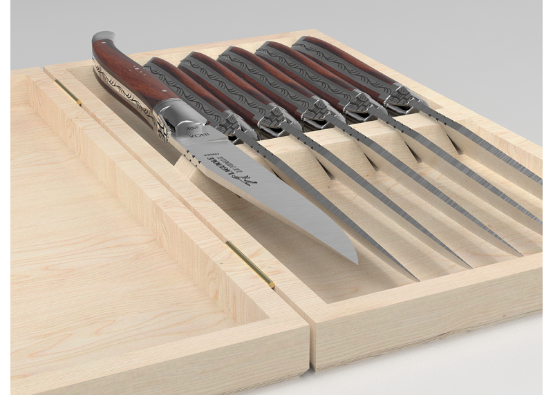 Set of 6 laguiole steak knives with violet wood handle and stainless steel bolsters image 6