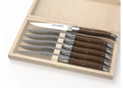 Set of 6 laguiole steak knives with walnut wood handle and stainless steel bolsters image 1