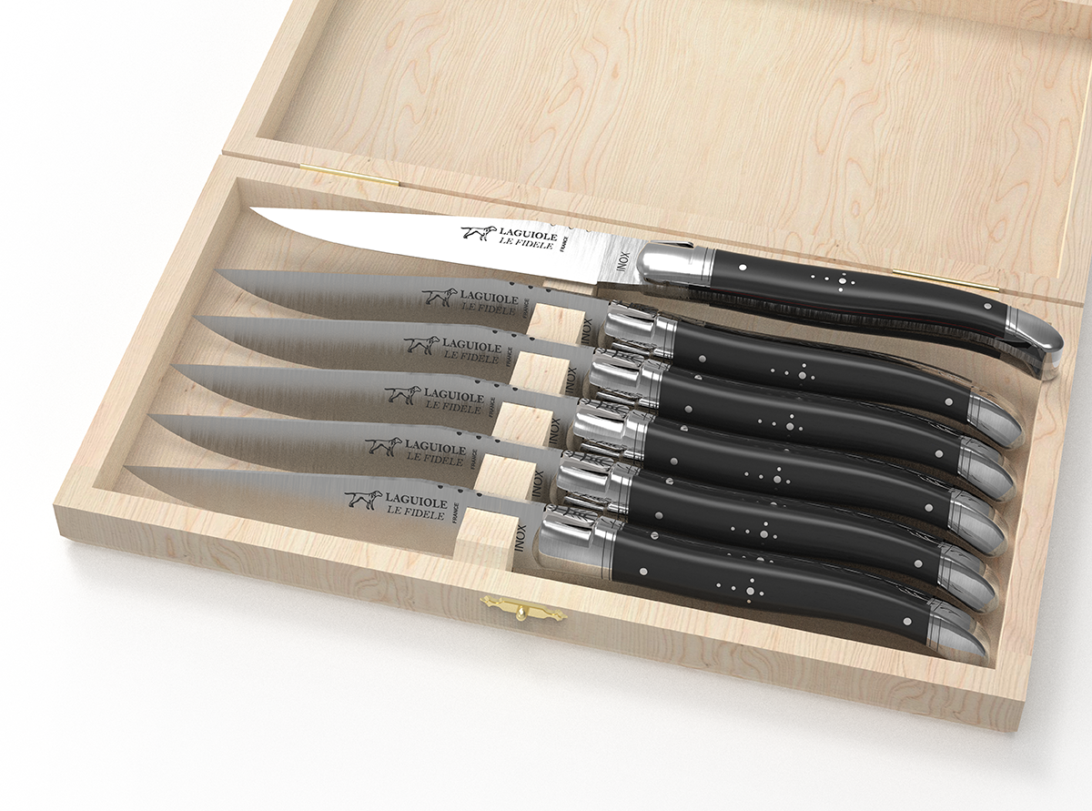 Set of 6 laguiole steak knives with ebony wood handle and stainless