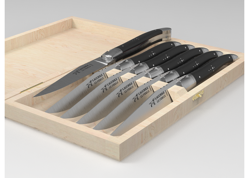 Set of 6 laguiole steak knives with ebony wood handle and stainless steel bolsters image 2