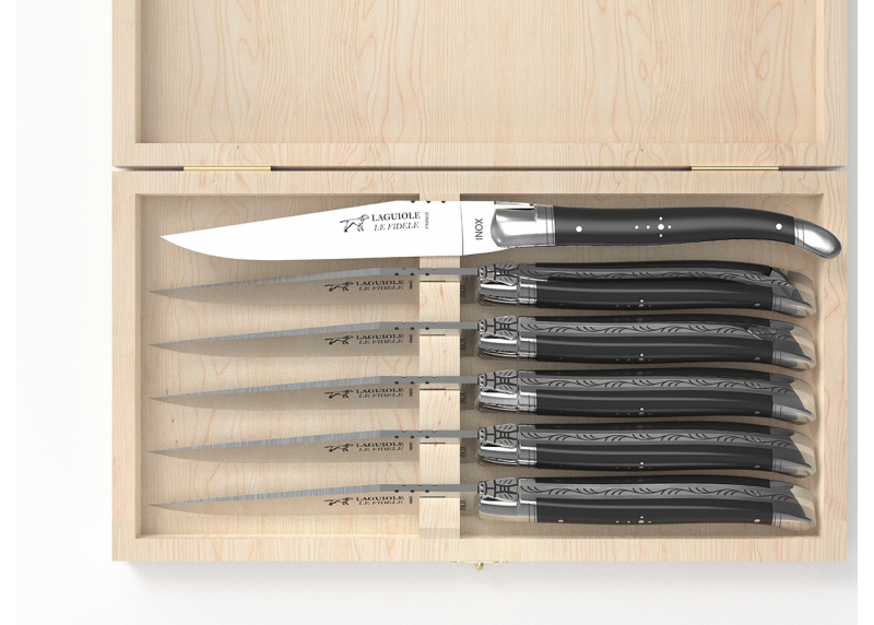 Set of 6 laguiole steak knives with ebony wood handle and stainless steel bolsters image 3