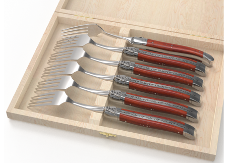 Set of 6 laguiole forks with African padauk wood handle and stainless steel bolsters image 1