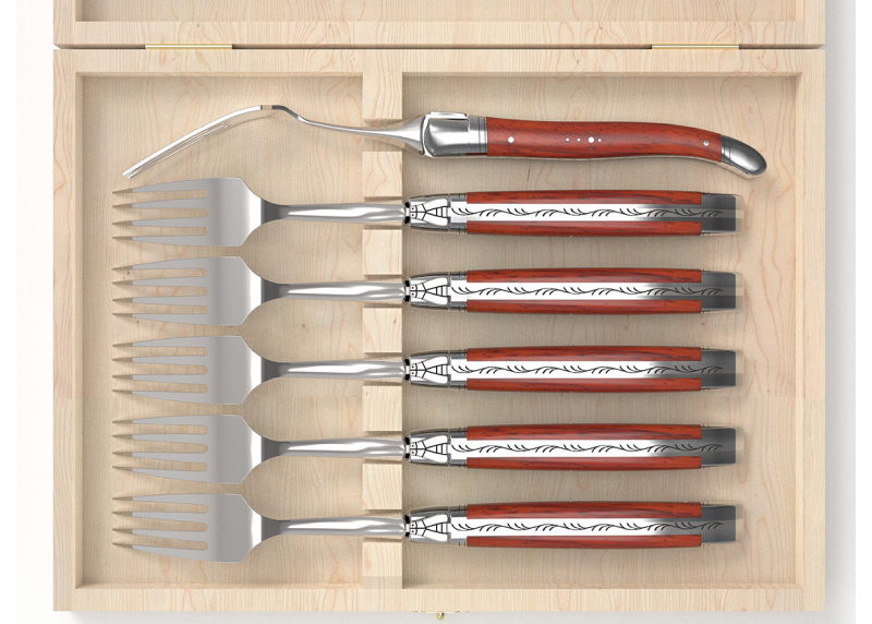 Set of 6 laguiole forks with African padauk wood handle and stainless steel bolsters image 3