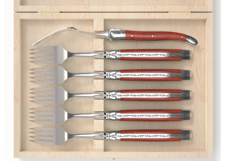 Set of 6 laguiole forks with African padauk wood handle and stainless steel bolsters image 3