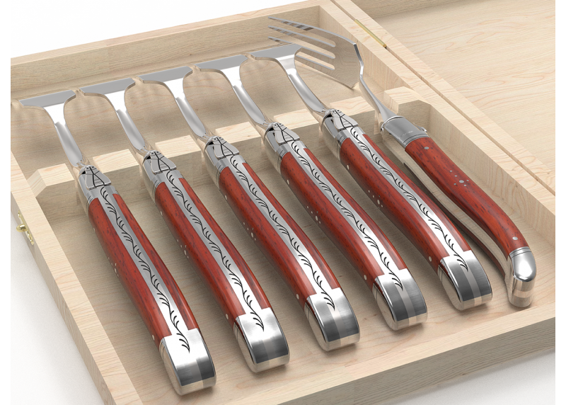 Set of 6 laguiole forks with African padauk wood handle and stainless steel bolsters image 4