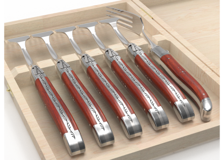 Set of 6 laguiole forks with African padauk wood handle and stainless steel bolsters image 4