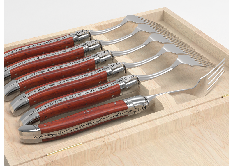 Set of 6 laguiole forks with African padauk wood handle and stainless steel bolsters image 5