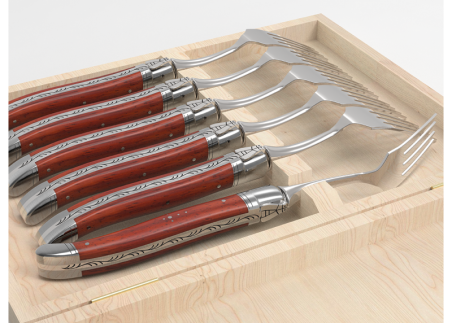 Set of 6 laguiole forks with African padauk wood handle and stainless steel bolsters image 5