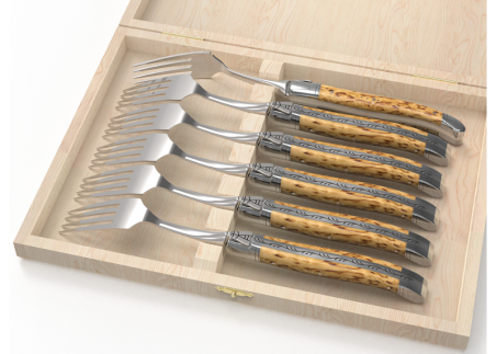 Set of 6 laguiole forks with birch wood handle and stainless steel bolsters image 1