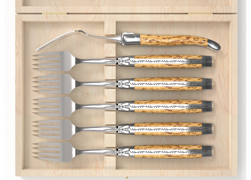 Set of 6 laguiole forks with birch wood handle and stainless steel bolsters image 3