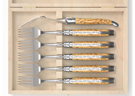 Set of 6 laguiole forks with birch wood handle and stainless steel bolsters image 3