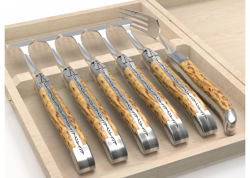 Set of 6 laguiole forks with birch wood handle and stainless steel bolsters image 4